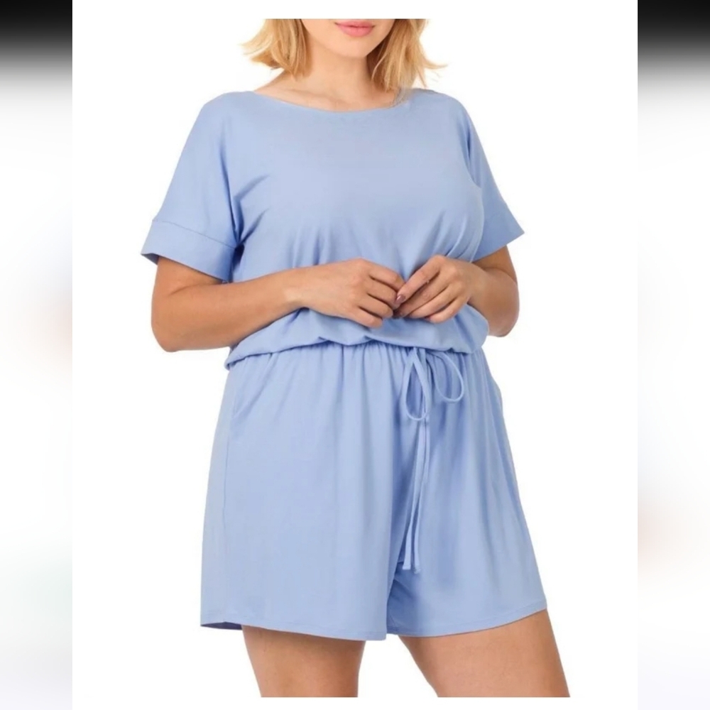 Zenana Blue Romper With Elastic waist with pockets